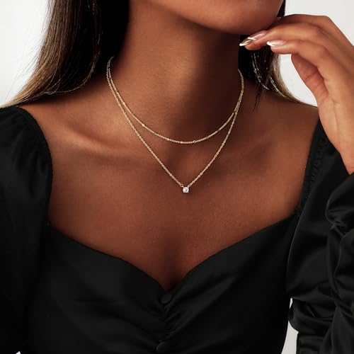 Coshilta Layered 14K Gold Plated Sterling Silver Necklace Set with Cubic Zirconia - CZ Pendant, Dainty, Stackable, Personalized Jewelry Gift - Model C-N0518-CZ
