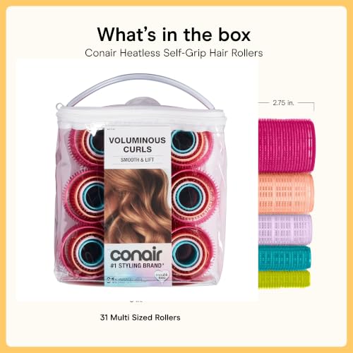 Conair Self-Grip Hair Rollers - 31 Pack Heatless Curlers Set with Case