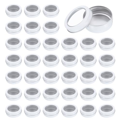 uxcell 2 Oz Tin Cans, 40 Pcs Aluminum Round Tins, Travel Sized Small Metal Tins Cosmetic Sample Containers with Clear Lid for Lotion Bars Beard Balms Candles, White