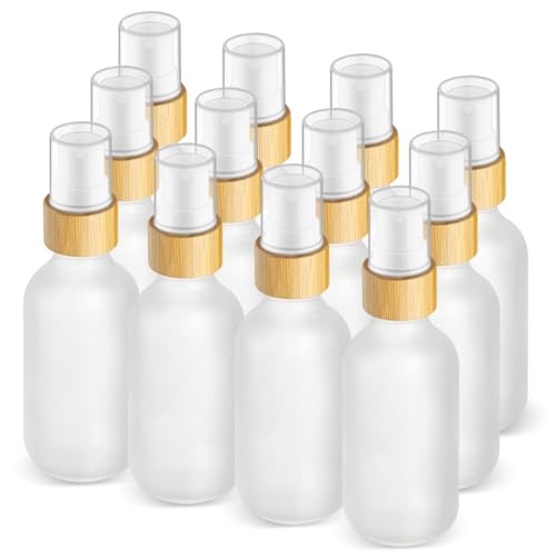 12 Pack 2 oz Glass Spray Bottles,Empty Perfume Fine Mist Atomizer,Natural Bamboo Pump Head Travel Liquid Holder Containers for Cologne,Essential Oils,Body Sprays,Room Sprays-Clear Frosted