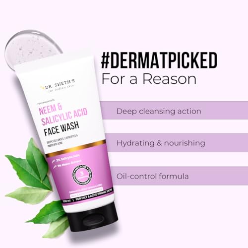Dr. Sheth¡¯s Neem & Salicylic Acid Face Wash | Deeply Cleanses & Unclogs Pores | Controls Acne, Blackheads & Oil | Unisex BHA Cleanser | 3.38 Fl Oz/100 ml