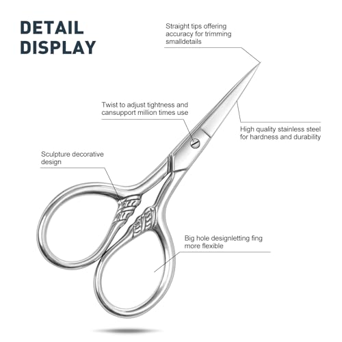 Small Facial Hair Scissors, Stainless steel (silver) Straight Tip Snips Beauty Grooming Kit for Eyebrows, Beard, Ear, Nose, Moustache Trimming with PU Case