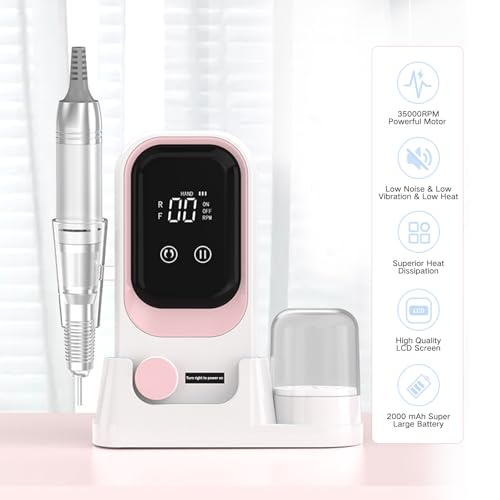 Portable Electric Nail Drill, 35000 RPM Professional Electric Nail File, Cordless Nail Drill with Bits & Base (White & Pink)