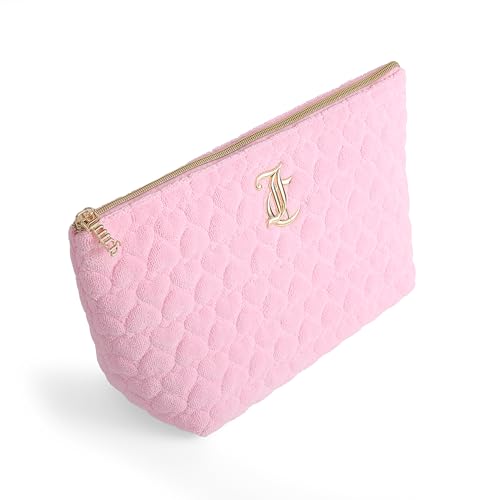 Juicy Couture Pink Makeup Bag Cosmetics Organizer Travel Essentials Top Zip Pouch Terry Cloth Quilted Heart