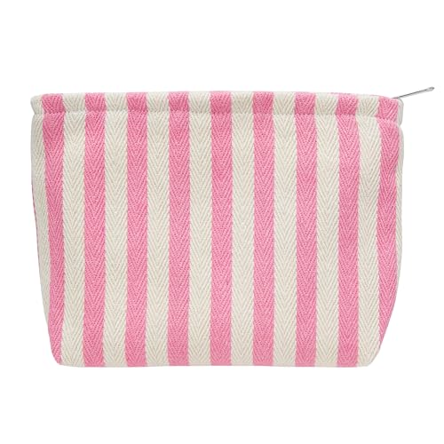 Stripe Pink Flat Makeup Bag for Women, Zipper Cosmetic Pouch for Purse