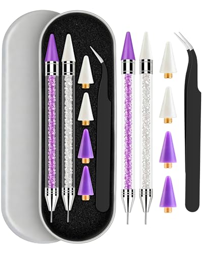 Difenni Rhinestone Picker Tool Set with Purple & White Double-Ended Wax Pencils, Tweezer & Storage Box