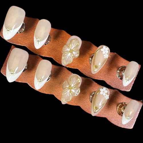 Handmade Press On Nails Medium Almond Shape White French 3D Floral & Star Design with Gold Accents | Elegant Fake Nails Reusable Acrylic Nail Tips with Crystals & Soft Beige Base (Elegant White, M)