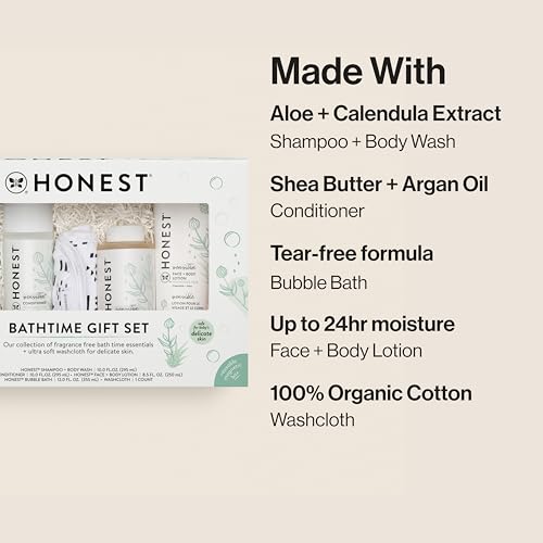 The Honest Company Fragrance-Free Bathtime Gift Set, Hypoallergenic, Bath Essentials for Sensitive Skin, Shampoo and Body Wash, Face Lotion, Bubble Bath, Conditioner, Wash Cloth