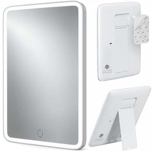 Mavoro 7x9 LED Lighted Rechargeable Travel Mirror | Small Wall Adhesive Mirror | Peel and Stick Wall Mount Lighted Travel Mirror | Real Glass Touch Sensor Vanity Mirror with Stand