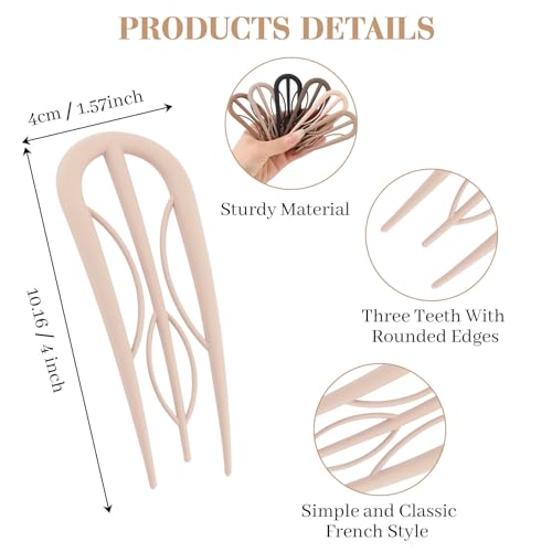 French Hair Pins 6 Pack - Large U-Shaped French Twist Hair Clips in Light Khaki & Brown