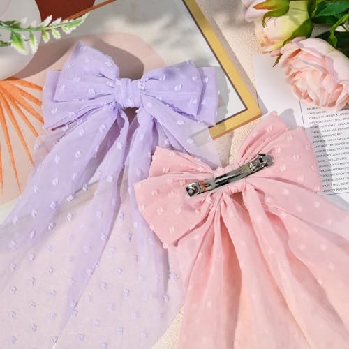 Large Hair Bows for Women,CEELGON 4 PCS Big Bow Clips for Girls French Barrette Bowknot with Long Tail for Women(Beige, Light Pink,Light Purple,Blue)