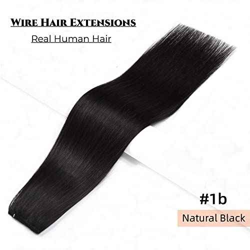 Wire Hair Extensions 18 Inch Invisible Fish Line Hair Extensions #1b Natural Black Wire Extensions Human Hair Piece with Transparent Line 100g Fish Wire Hair