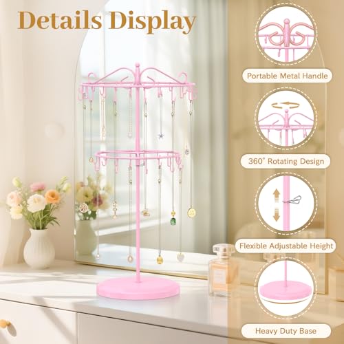 MODOWEY 42-Hook Rotating Necklace Organizer Stand, Adjustable 2-Tier Display