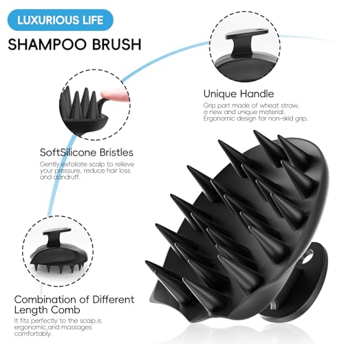 RVHWQI Silicone Scalp Massager Shampoo Brush, Ergonomic Head Scalp Scrubber for Dandruff Removal, Hair Growth, Wet Dry Hair Care, Gentle Exfoliation and Deep Washing for Men Women (Black)