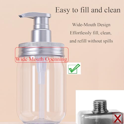 Qeuly 16oz Soap Dispenser, 2 Pack Plastic Pump Bottle Dispenser, Refillable Wide Mouth Jar Style Bathroom/Kitchen Containers for Shampoo, Conditioner, Body Wash, Lotion, Hand Soap & Dish Soap
