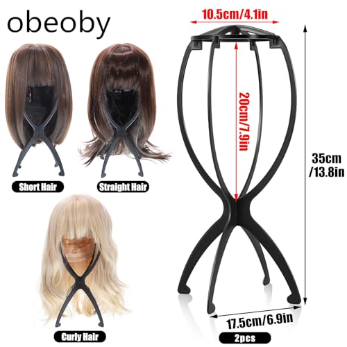Obeoby Portable Wig Stand Set - Black 2 Pack, Foldable & Lightweight for Wigs, Travel & Salon Use