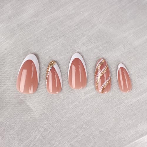 French Press On Nails Almond Medium 32pc Kit with Gel Finish