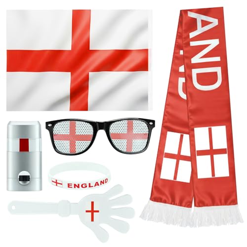 England Soccer Fan Gear Set - 6-Piece Supporter Kit with Flag, Scarf, Face Paint, Glasses, Bracelet & Clapper