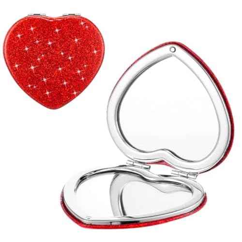 Red Heart Shaped Compact Mirror for Purse,1x/2x Magnification Cute Travel Mirror with Glitter,2.76 inch Double-Sided Mini Folding Mirror,Small Pocket Mirror for Gift,Travel Essentials