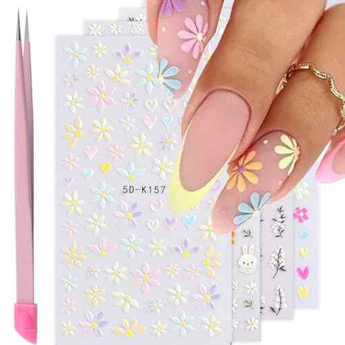 Flower Nail Art Stickers - 5D Embossed, Spring/Summer Daisy Designs, Self-Adhesive Decals for Women's Nail DIY Decoration