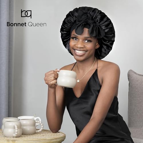 BONNET QUEEN Silk Bonnet for Sleeping Women Satin Bonnet Hair Bonnet night sleep cap scarf wrap for curly hair With Tie Band Black