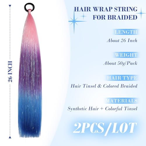 2Pcs 26-Inch Colored Hair Extensions with Tinsel - Pink, Purple, Blue Festival Style