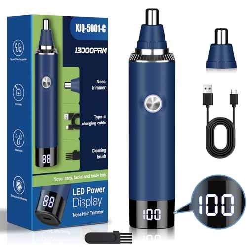 Nose & Ear Hair Trimmer Clipper with LED Display for Men Women, 2025 Model Painless USB Rechargeable Eyebrow & Facial Hair Trimmer,Professional IPX7 Waterproof Dual Edge Blades (Cyan)