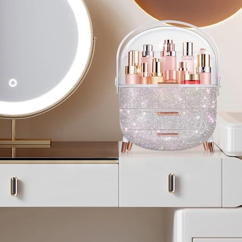 MASSY Egg Shape(Oval) Makeup Storage Box, Countertop Portable Vanity Cosmetics Organizer Preppy Style (Rhinestone White)