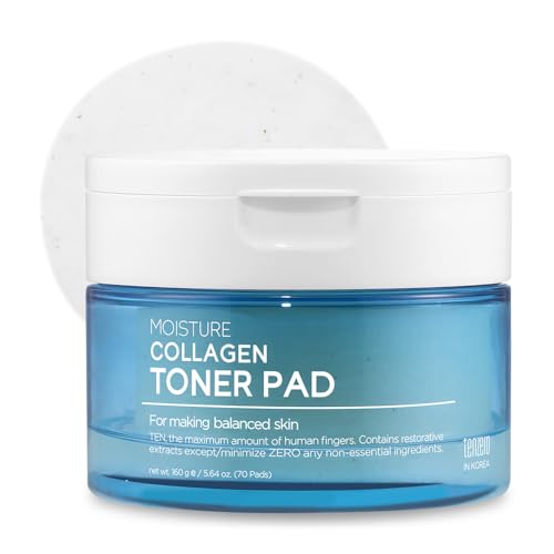 TENZERO Moisture Collagen Toner Pad (70 Count, 160g), 100% Natural Cotton, Hydrating Moisturizing Glowing Face Toner Pads, Gentle Exfoliate & Improve Elasticity, Korean Facial Toner, Dry & Dull Skin