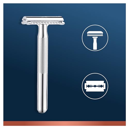 King C. Gillette Double Edge Safety Razor for Men, 5 Platinum Coated Double Edge Razor Blades, Gifts for Men