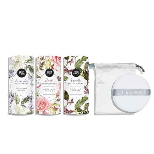 Herb & Root Body Powder Gift Set- Oprah's Favorite Things, 3 Talc-Free Scents: Lavender, Rose, Vanilla, Large Puff