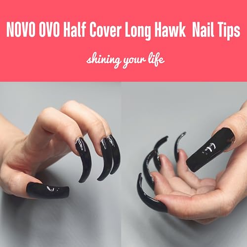 NOVO OVO 500 pcs Hawk Curved Natural Extra Super Extreme Deep Curve Half Cover Medium/Long Tapered Square Eagle Claw False Nail Extension Tips Acrylic Nail 10 Sizes Box Packaging for Halloween