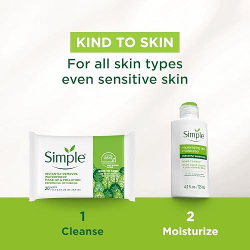 Simple Kind To Skin Micellar Makeup Remover Wipes - Face Wipes Instantly Remove Waterproof Makeup - Enriched with Vitamin B5 and E - Vegan - 6 pc
