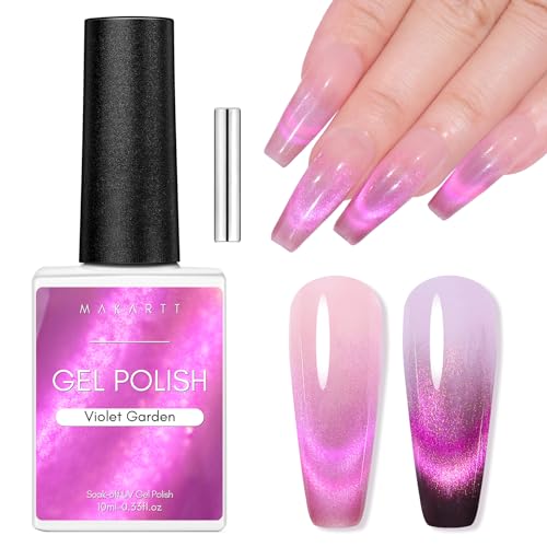 Makartt Holographic Cat Eye Gel Nail Polish with Magnet Stick 9D Glitter Nail Gel Soak Off Double Flashes Effect Dopamine Gel Nail Polish Manicure Home DIY Gift(Violet Garden)