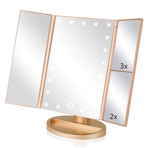 Infitrans 3 Folds Lighted Vanity Makeup Mirror,1X/2X/3X Magnification, 21 LED Light Bright Table Mirror with Touch Screen,180 Adjustable Rotation,Portable Travel Cosmetic Mirror