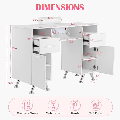 Professional Manicure Table with Glass Top & Storage Cabinets