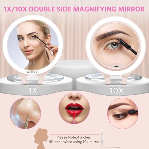 WEILY 10X/1X Magnifying Makeup Mirror with Light - Pink