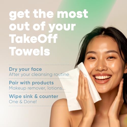 Takeoff Face Towels, 10"¡¿12" XL Face Disposable + Compostable, Ultra Soft Makeup Remover Dry Wipes, Thick Face Towel w/Dual Texture For All Skin Types incl. Sensitive, 50 Count x 6 Pack (300 total)