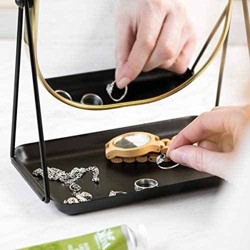 Navaris Vanity Mirror with Tray - Table Top Mirror with Metal Stand and Storage - 7" x 9" Mirror Size - for Makeup, Tabletop, Desk - Gold Finish