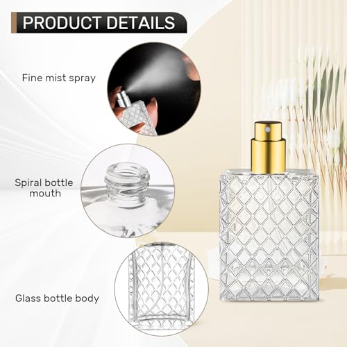 6 Pcs 50ml/1.7oz Glass Perfume Spray Bottles with Gold Lid Empty Square Fine Mist Sprayer Refillable Atomizer Pump Bottle for Water Alcohol Toner Essential Oils,2 Pipettes,2 Funnels