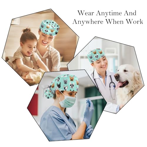 2 Pack Scrub Caps Surgical Hat for Women, Cartoon Dogs Nurse Hat Unisex Tie Back Hat, Long Hair
