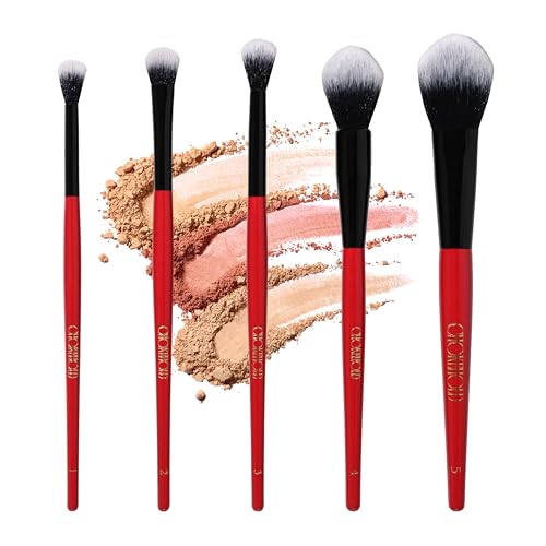 Professional Makeup Brush Set, 5-Piece, Ombre Bristles, Vegan, Red-Black Handle with Gold Branding