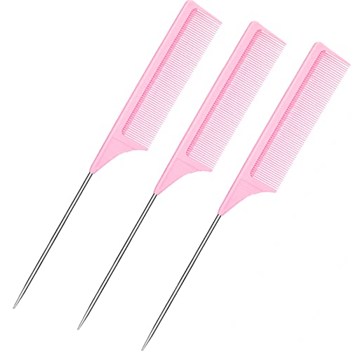 Pink Carbon Fiber Hair Comb with Metal Rat Tail - 9 Inch Styling Tool