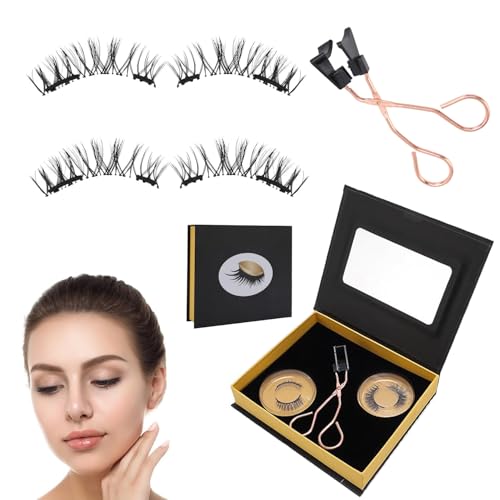 Magnetic 3D False Eyelashes with Applicator Curler, Reusable Magnetic Eyes Lashes Kit without No Glue, 3D False Eyelashes, Waterproof Artificial Magnets Eyelashes Kit for Makeup Beginer