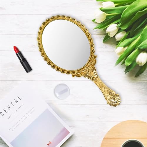 Vintage Handheld Mirror with Handle, Gold Embossed Floral (2 Pack)