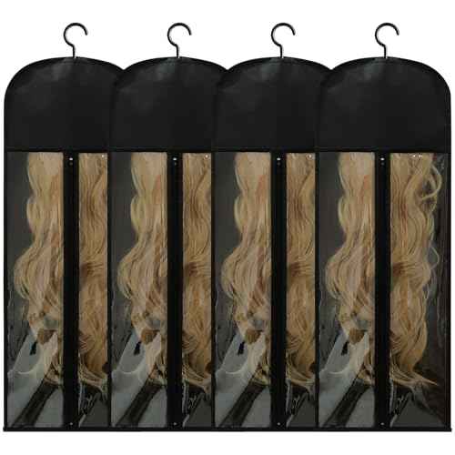 Jonley 4Pcs Extra Long Wig Storage Bags with Hanger, Wig Storage for Multiple Wigs, Wig Bag with Hook Storage, Breathable and Easy Carry Home Hair Salon Travel Use (Black 31.5in)