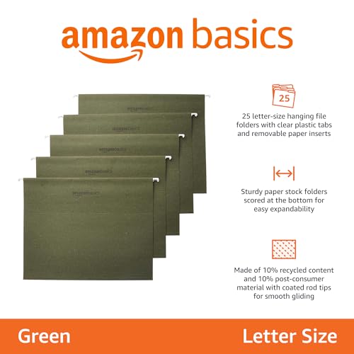 Amazon Basics Green Hanging File Folders with Adjustable Tabs - 25 Pack, Letter Size 8.5x11 inch