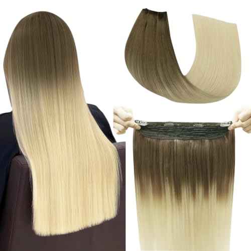 Wire Hair Extensions Fish Line Hair Extensions Ash Brown to Platinum Blonde Extensions, Invisible Hair Extensions Real Human Hair 14inch 70g Adjustable Size Hair Extensions(#8T/60-14inch)