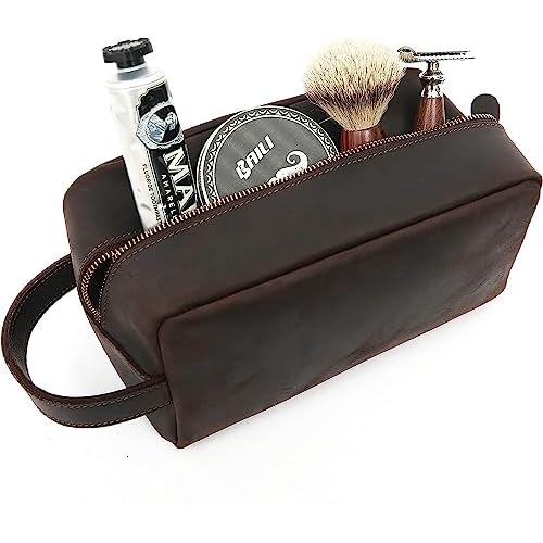 Leather Toiletry Bag for Men Travel Shaving Dopp Kit-Large Cosmetic Bags Toiletries Bathroom Organizer
