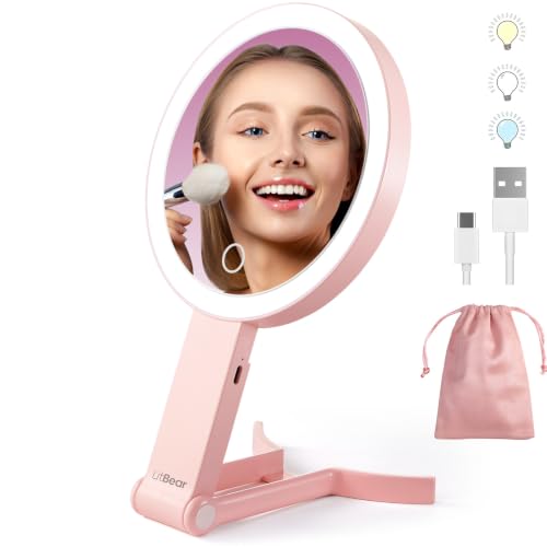 LitBear Pink Travel Makeup Mirror with Lights, 10X/1X Magnification, Dimmable Touch Screen, Portable & Rechargeable